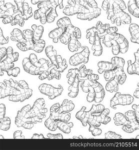 Vector seamless pattern with Ginger root. Hand drawn sketch illustration. Ginger, root, leaves. Hand drawn sketch illustration