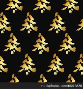 Vector seamless pattern with gold Christmas tree silhouette. Repeat winter golden plant. Background for wallpaper, gift, printable paper 