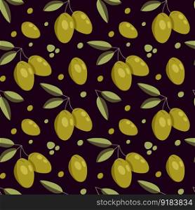 Vector seamless pattern with green olives on dark. Background design for olive oil, natural cosmetics. Best for wrapping paper.. Vector seamless pattern with green olives on dark. Background design for olive oil, natural cosmetics.