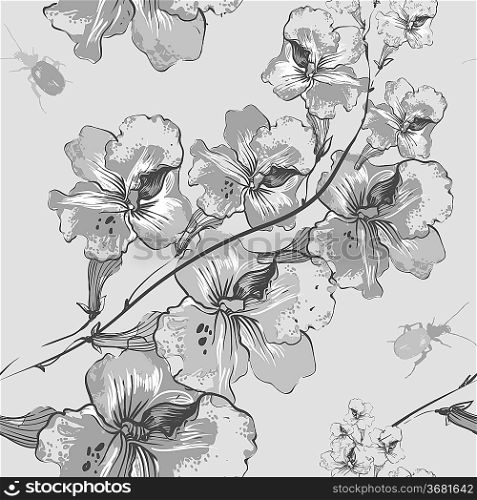 vector seamless pattern with grey flowers and bugs