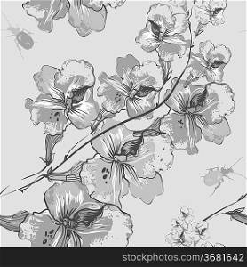 vector seamless pattern with grey flowers and bugs