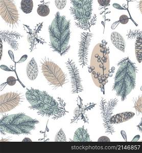 Vector seamless pattern with hand drawn branches and cones of coniferous trees. Christmas plants.