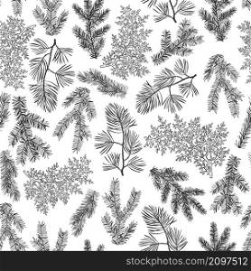 Vector seamless pattern with hand drawn branches of coniferous trees. Christmas plants. . Vector pattern with Christmas plants