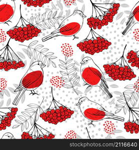 Vector seamless pattern with hand drawn bullfinch . Vector pattern with bullfinch