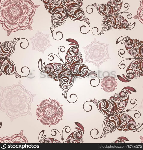 vector seamless pattern with hand drawn butterflies and abstract flowers