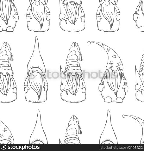 Vector seamless pattern with hand drawn Christmas gnomes.. Christmas set. Vector sketch illustration.