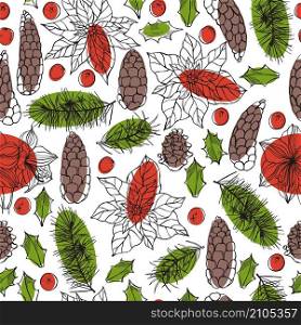 Vector seamless pattern with hand drawn Christmas plants