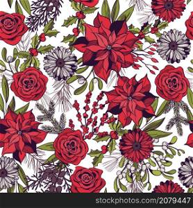 Vector seamless pattern with hand drawn Christmas plants and flowers.