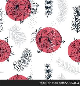 Vector seamless pattern with hand drawn Christmas plants and flowers. Vector pattern with Christmas plants and flowers