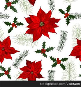 Vector seamless pattern with hand-drawn Christmas plants . . Pattern with hand-drawn Christmas plants .