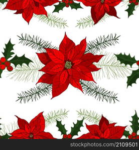 Vector seamless pattern with hand-drawn Christmas plants . . Pattern with hand-drawn Christmas plants .