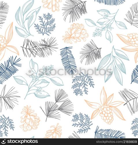 Vector seamless pattern with hand-drawn Christmas plants.. Vector pattern with Christmas plants