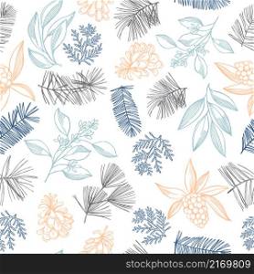Vector seamless pattern with hand-drawn Christmas plants.. Vector pattern with Christmas plants