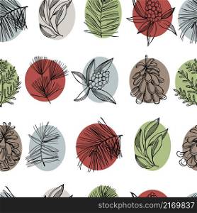 Vector seamless pattern with hand drawn Christmas plants. Vector pattern with Christmas plants.