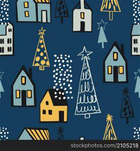Vector seamless pattern with hand drawn Christmas Trees and houses. Sketch illustration . Christmas village. Vector seamless pattern .
