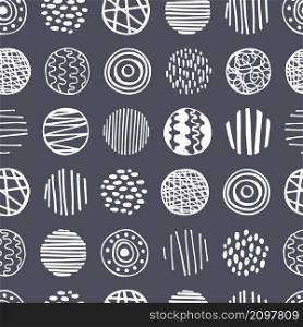 Vector seamless pattern with hand drawn circles on grey background. Sketch illustration.. Vector seamless pattern with circles.