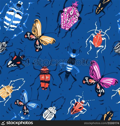 vector seamless pattern with hand drawn colored insects