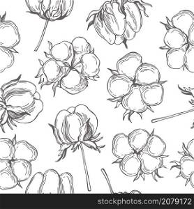 Vector seamless pattern with hand drawn cotton plant. Sketch illustration