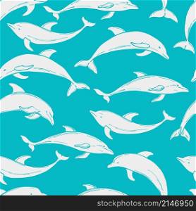 Vector seamless pattern with hand-drawn dolphins. . Dolphins. Vector seamless pattern