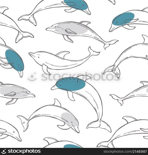 Vector seamless pattern with hand-drawn dolphins. . Dolphins. Vector seamless pattern