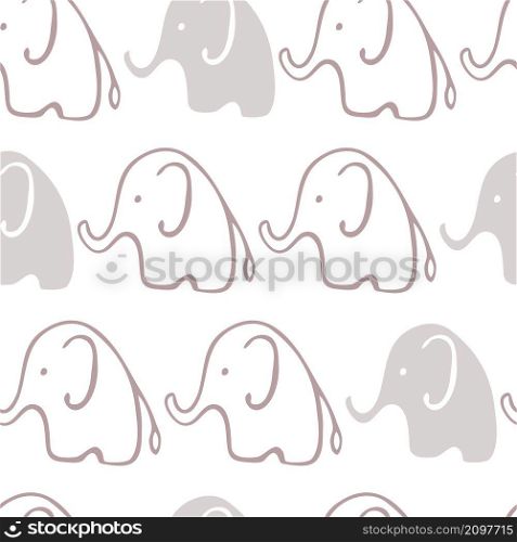 Vector seamless pattern with hand drawn elephants on white background. Vector pattern with elephants