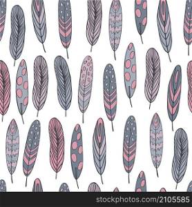 Vector seamless pattern with hand drawn feathers on white background.. Hand drawn feathers . Vector pattern