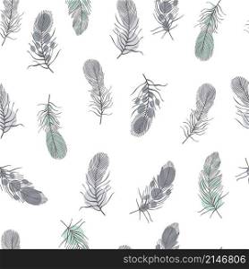 Vector seamless pattern with hand drawn feathers on white background.. Hand drawn feathers . Vector pattern
