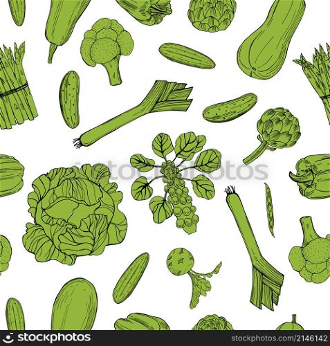 Vector seamless pattern with hand drawn green vegetables on white background. . hand drawn vegetables on white background