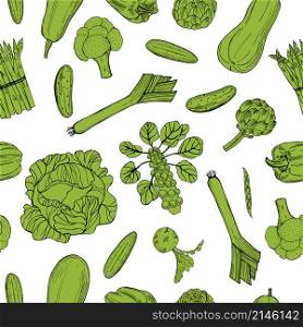 Vector seamless pattern with hand drawn green vegetables on white background. . hand drawn vegetables on white background