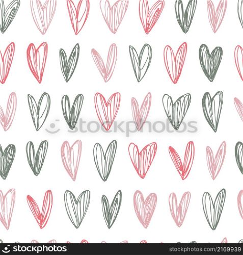 Vector seamless pattern with hand-drawn hearts on white background. Sketch illustration.. Vector pattern with sketch hearts.