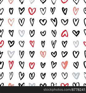 Vector seamless pattern with hand-drawn hearts on white background.  Sketch illustration.. Vector pattern with  sketch hearts. 