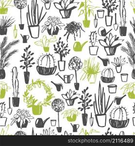 Vector seamless pattern with hand drawn house plants.