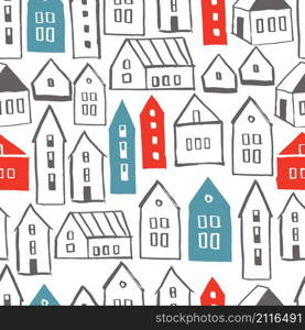 Vector seamless pattern with hand drawn houses
