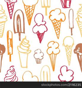 Vector seamless pattern with hand-drawn ice cream . Hand-drawn ice cream