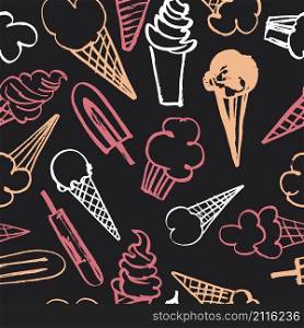 Vector seamless pattern with hand-drawn ice cream . Hand-drawn ice cream
