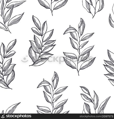 Vector seamless pattern with hand drawn leaves.. Vector pattern with leaves.
