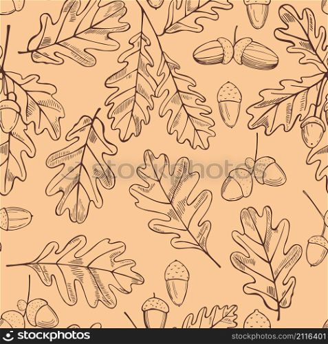 Vector seamless pattern with hand drawn oak leaves and acorns.