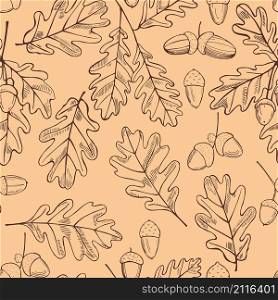 Vector seamless pattern with hand drawn oak leaves and acorns.