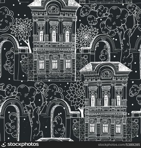 vector seamless pattern with hand drawn old houses and gardens