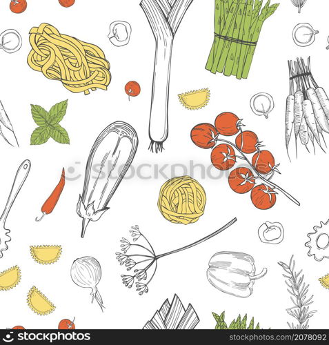 Vector seamless pattern with hand drawn pasta and vegetables on white background. Italian food. Sketch illustration.. Vector pattern with pasta and vegetables . Italian food.