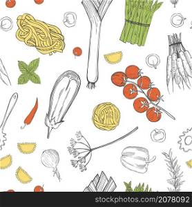 Vector seamless pattern with hand drawn pasta and vegetables on white background. Italian food. Sketch illustration.. Vector pattern with pasta and vegetables . Italian food.