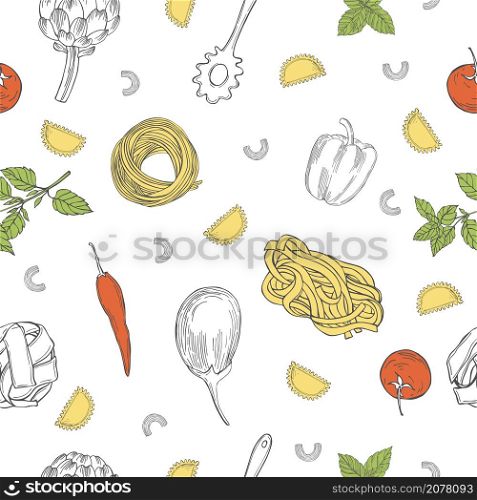 Vector seamless pattern with hand drawn pasta and vegetables on white background. Italian food. Sketch illustration.. Vector pattern with pasta and vegetables . Italian food.