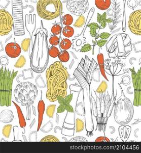 Vector seamless pattern with hand drawn pasta and vegetables on white background. Italian food. Sketch illustration.. Italian food. Sketch illustration.