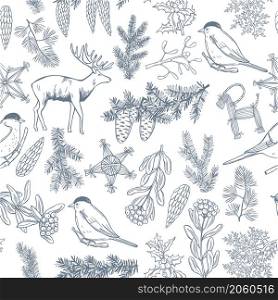 Vector seamless pattern with hand drawn plants and birds.. Christmas vector pattern .