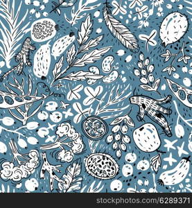 vector seamless pattern with hand drawn plants, fruits and vegetables