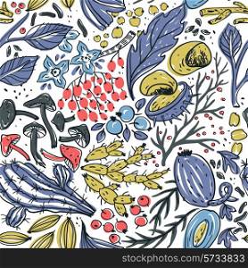 vector seamless pattern with hand drawn plants,roots and berries
