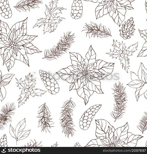 Vector seamless pattern with hand drawn poinsettias and Christmas plants. . Vector pattern with hand drawn Christmas plants.