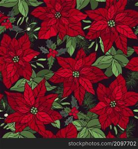 Vector seamless pattern with hand drawn poinsettias and Christmas plants. . Vector pattern with hand drawn Christmas plants.