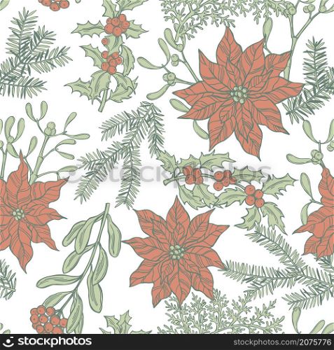 Vector seamless pattern with hand drawn poinsettias and Christmas plants. . Vector pattern with Christmas flowers .