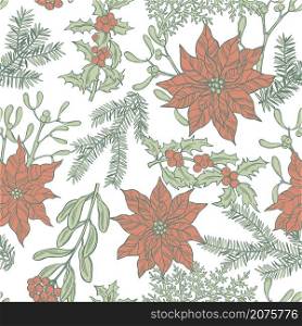 Vector seamless pattern with hand drawn poinsettias and Christmas plants. . Vector pattern with Christmas flowers .